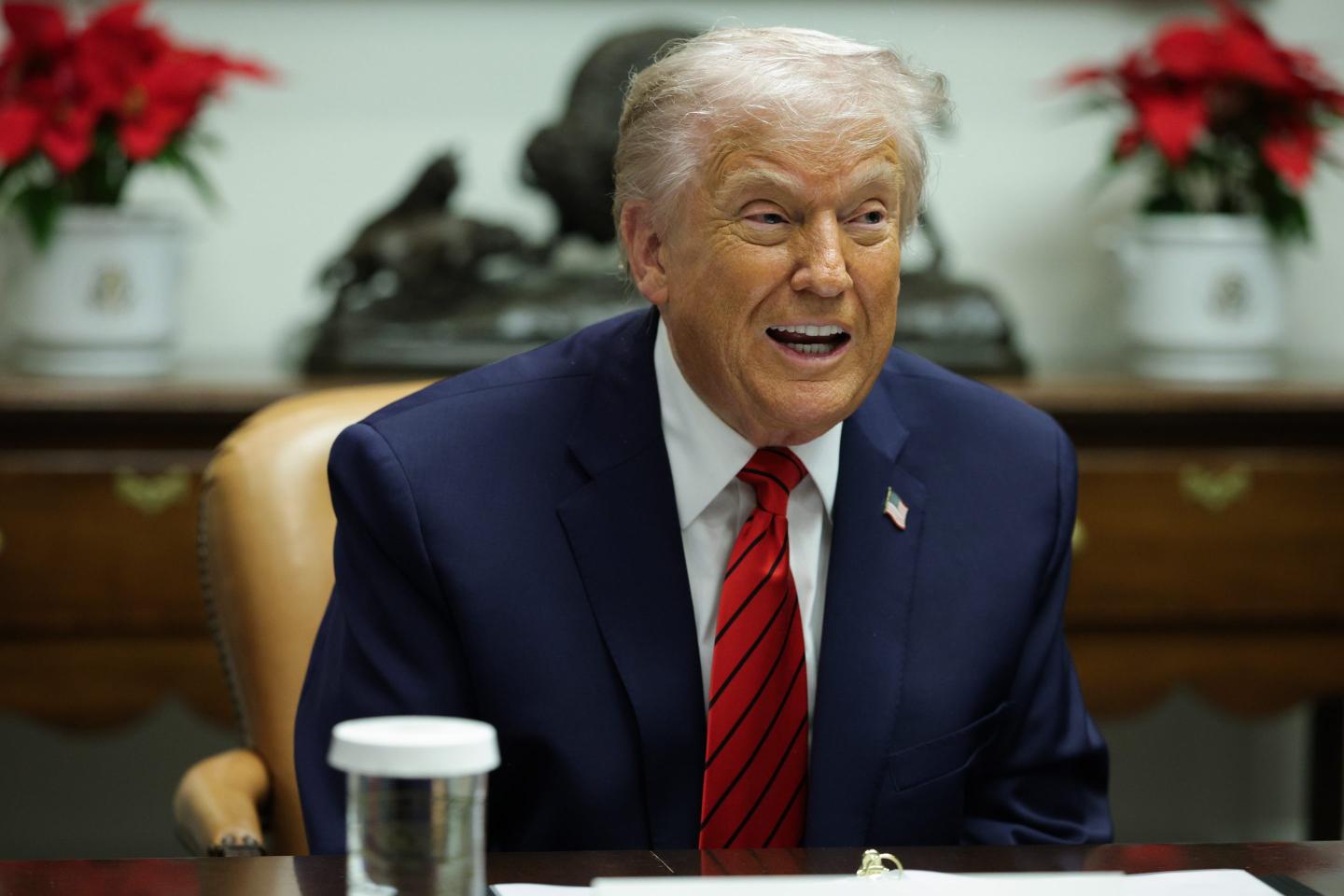 U.S. President Donald Trump speaks during a roundtable discussion with top business leaders in the Roosevelt Room at the White House on December 10, 2025 in Washington, DC. During the roundtable, Trump addressed questions on the Federal Reserve’s latest decision to cut interest rates and reports that the U.S. seized an oil tanker off the coast of Venezuela, among other topics.