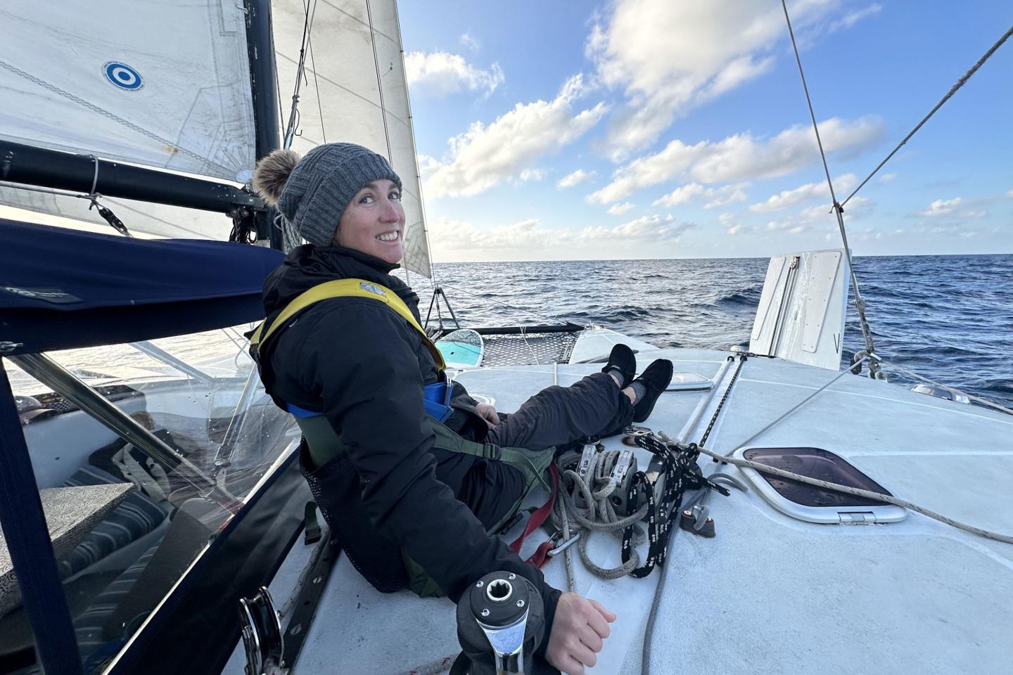 Josie Lauducci on the front of her boat