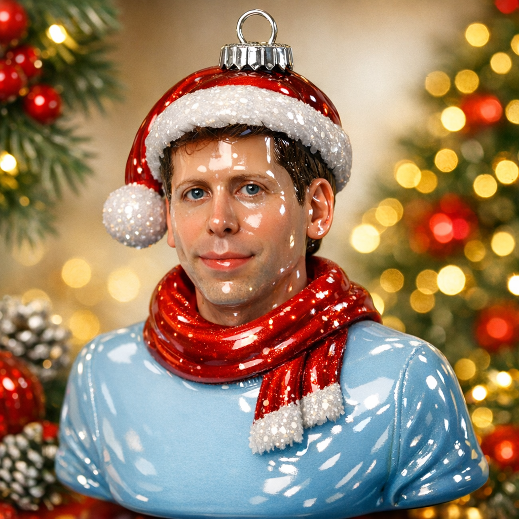 Image of a christmas ornament in the likeness of Sam Altman