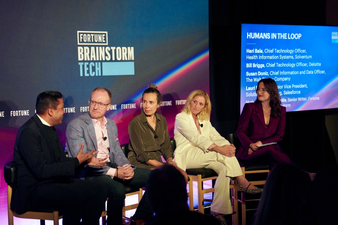 From left: Hari Bala of Solventum, Bill Briggs of Deloitte; Susan Doniz of Disney, Lauri Palmieri of Salesforce, and Allie Garfinkle of Fortune at the annual Brainstorm Tech dinner during CES in Las Vegas on Jan. 5, 2026. (Photo: Jacob Kepler/Fortune)