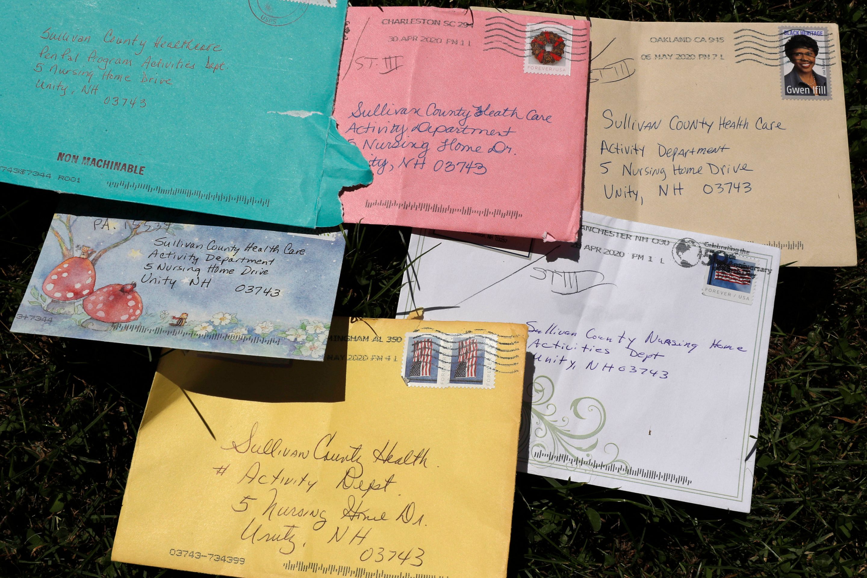 Pen pal letters are displayed outside the Sullivan County Health Care nursing home in Unity, N.H., June 8, 2020. 