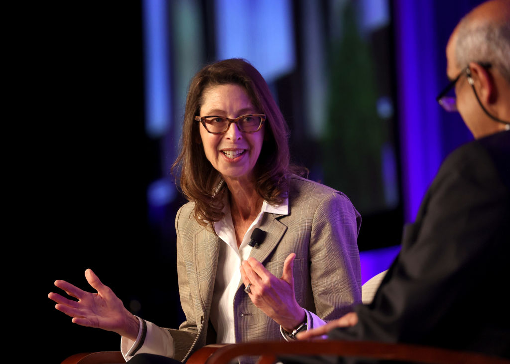 Boston - May 17: Abigail P. Johnson, Chairman and Chief Executive Officer of Fidelity Investments, during a discussion with moderator Srikant Datahr, Harvard Business School, Dean at the Greater Boston Chamber of Commerce annual meeting in Boston on May 17, 2022. (Photo by Barry Chin/The Boston Globe via Getty Images)