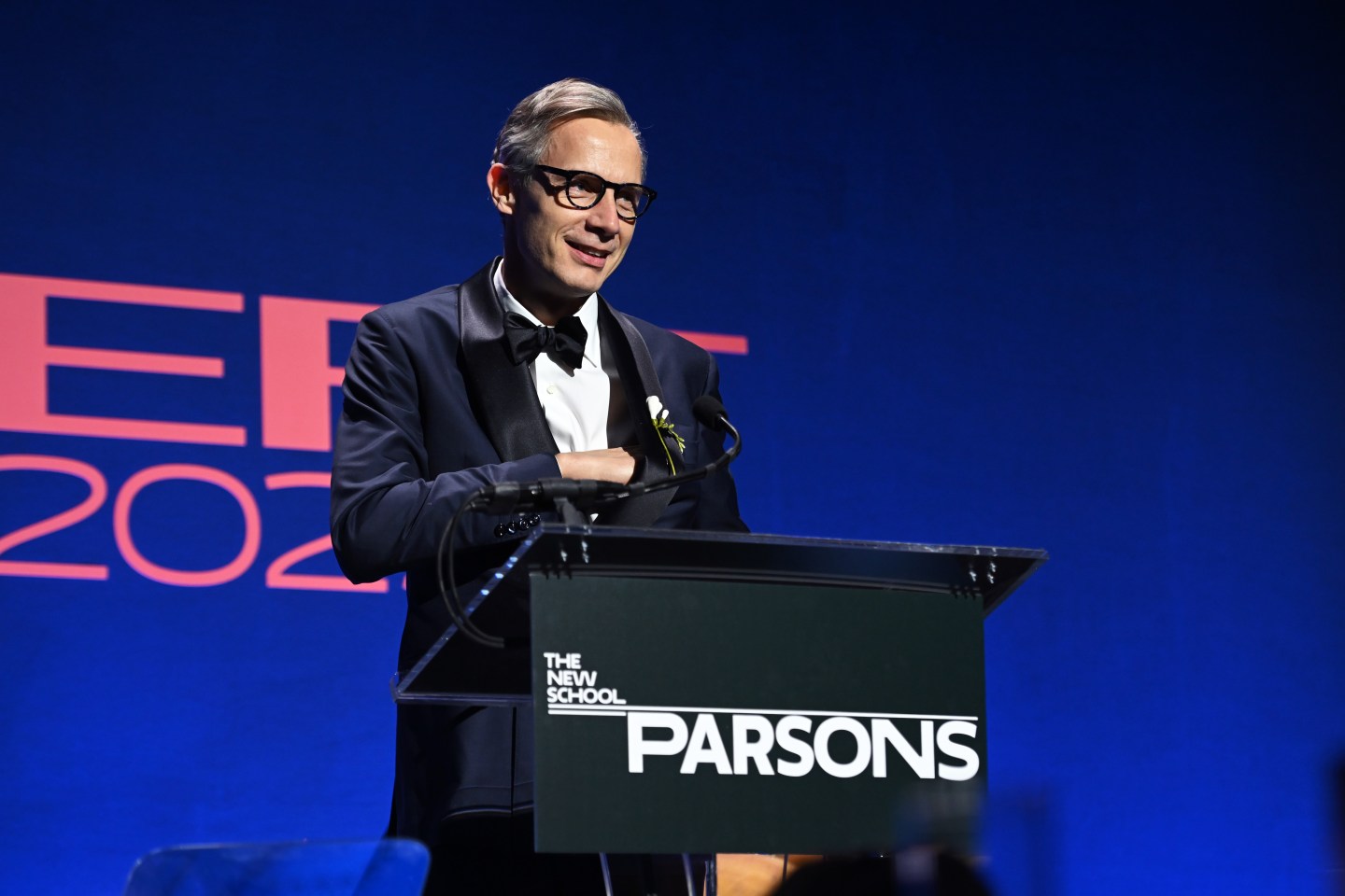 NEW YORK, NEW YORK - MAY 24: Geoffroy van Raemdonck speaks onstage during the 74th Annual Parsons Benefit at Cipriani Wall Street on May 24, 2023 in New York City. (Photo by Noam Galai/Getty Images for Parsons School of Design)