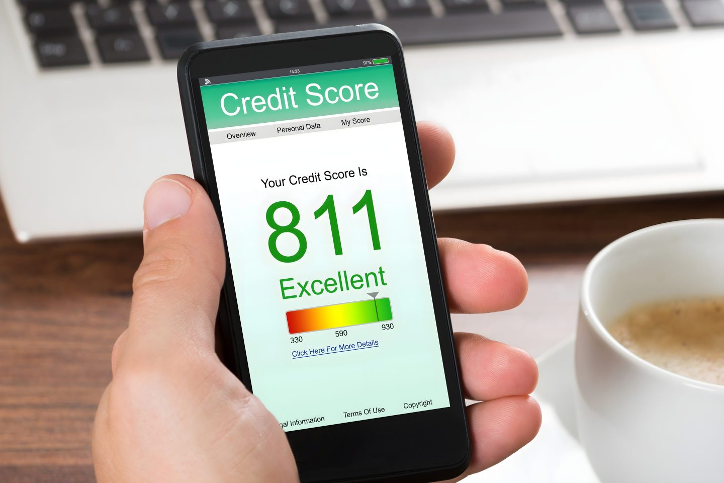 Close-up Of A Businessman Checking Credit Score Online On Cellphone While Having Coffee