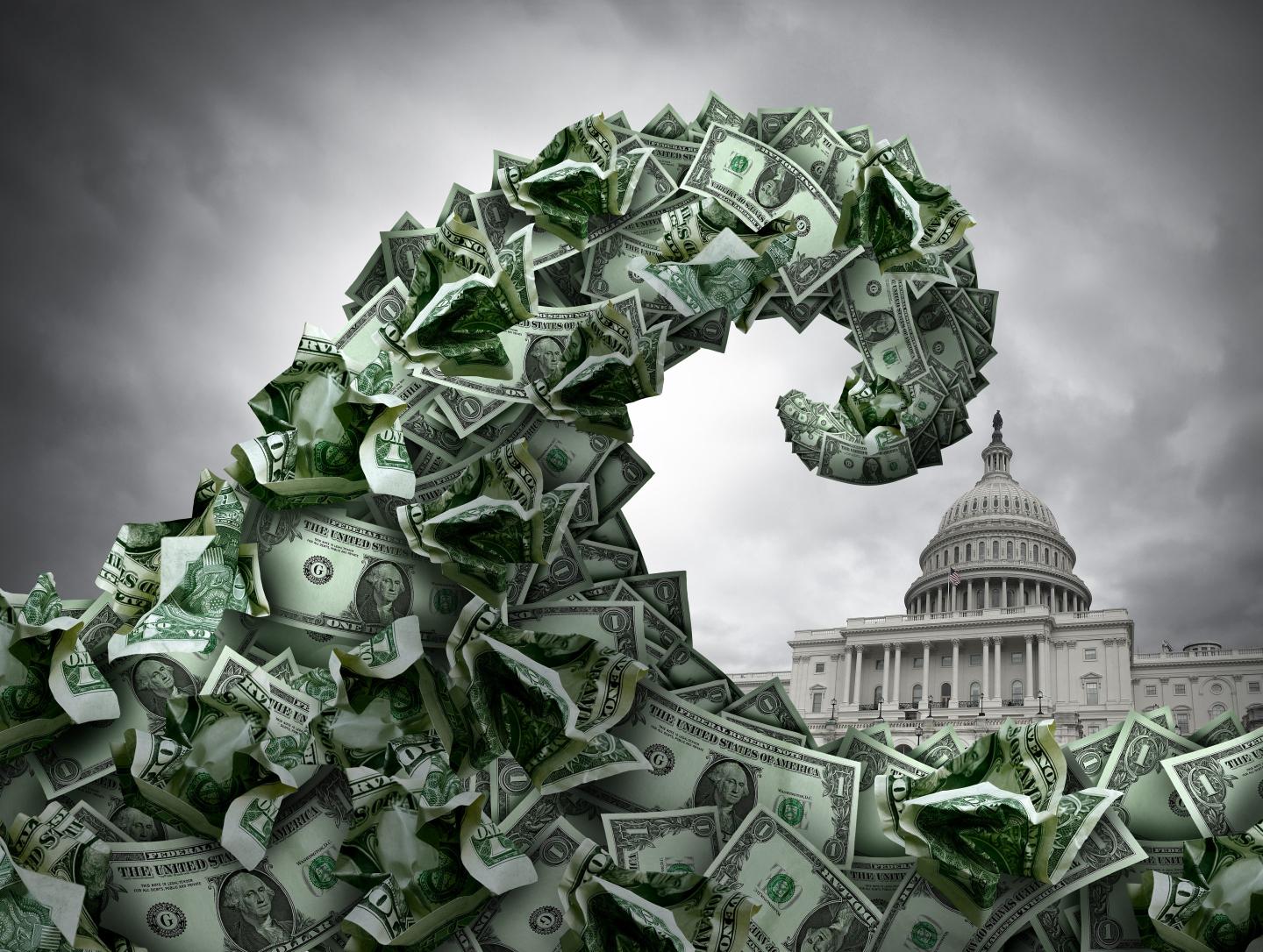 Artistic illustration of a huge wave made up of dollar bills engulfing the Capitol building