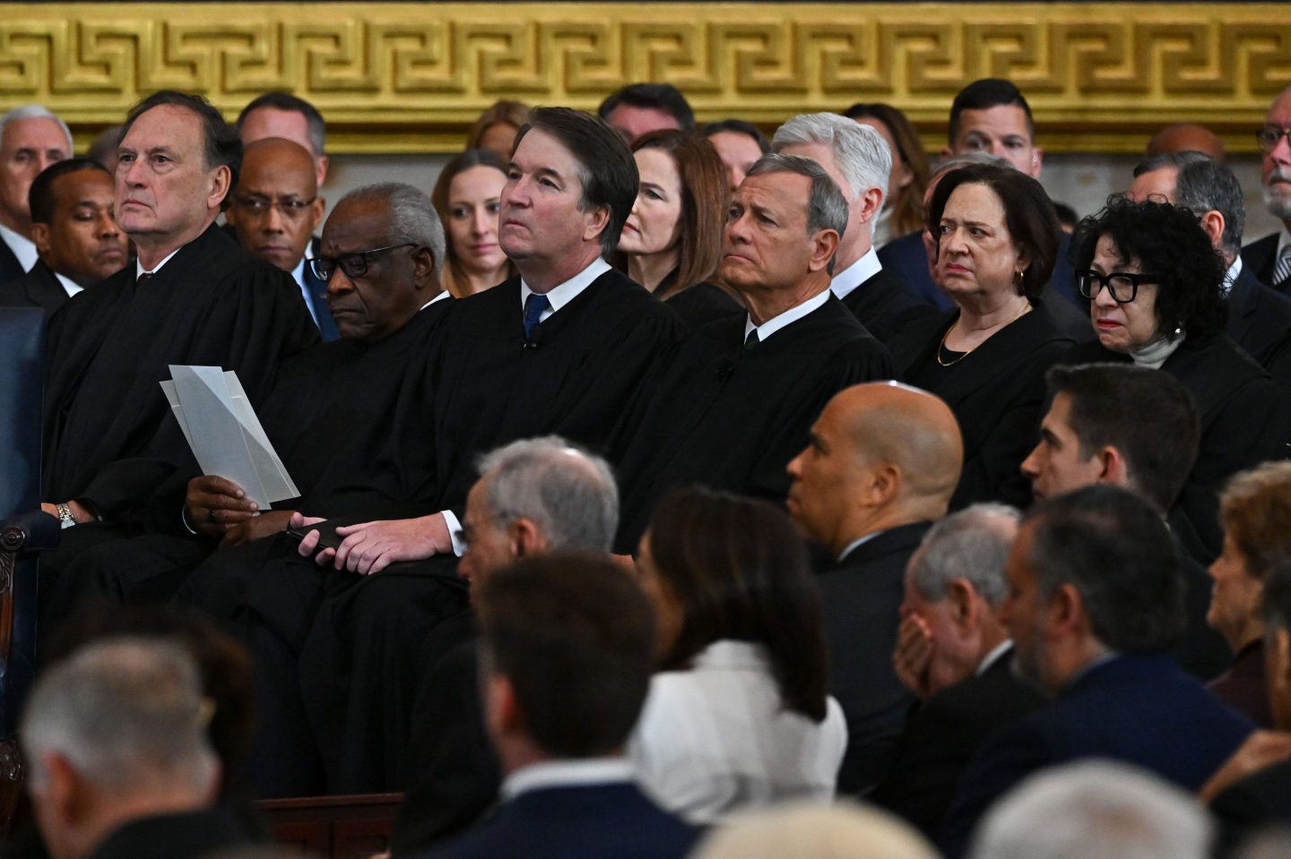 WASHINGTON, DC - JANUARY 20: Supreme Court Justice Samuel Alito, Supreme Court Justice Clarence Thomas, Supreme Court Justice Brett Kavanaugh, Supreme Court Justice Amy Coney Barrett, Supreme Court Chief Justice John Roberts, Supreme Court Justice Elena Kagan and Supreme Court Justice Sonia Sotomayor attend the inauguration of U.S. President Donald Trump in the Rotunda of the U.S. Capitol on January 20, 2025 in Washington, DC. Donald Trump takes office for his second term as the 47th president of the United States. (Photo by Ricky Carioti - Pool/Getty Images)