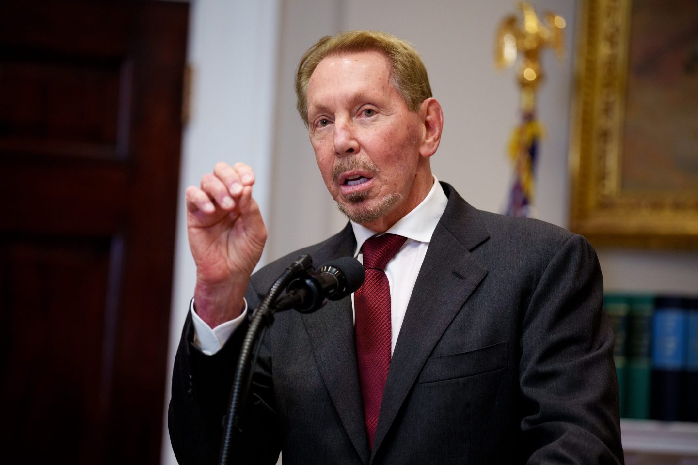 WASHINGTON, DC - JANUARY 21: Oracle co-founder, CTO and Executive Chairman Larry Ellison speaks during a news conference with U.S. President Donald Trump in the Roosevelt Room of the White House on January 21, 2025 in Washington, DC. Trump announced an investment in artificial intelligence (AI) infrastructure and took questions on a range of topics including his presidential pardons of Jan. 6 defendants, the war in Ukraine, cryptocurrencies and other topics. (Photo by Andrew Harnik/Getty Images)