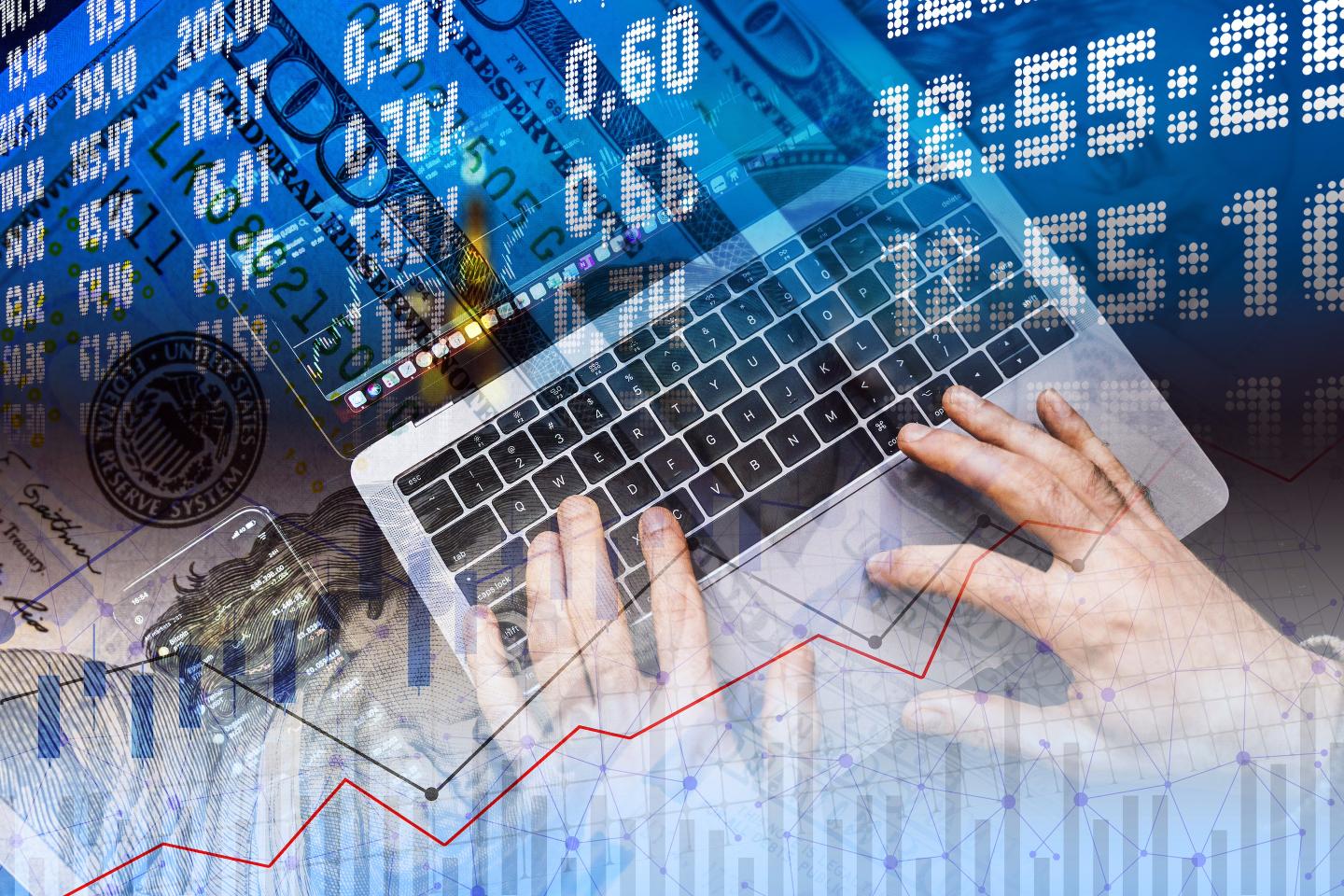 Hands and notebook, numerical indicators and cash dollar bills -Economics chart