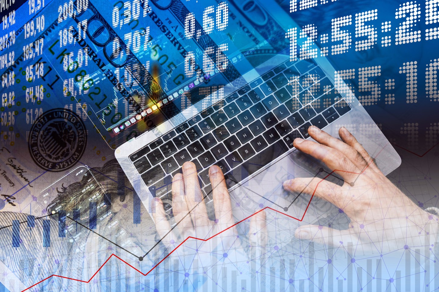 Hands and notebook, numerical indicators and cash dollar bills -Economics chart
