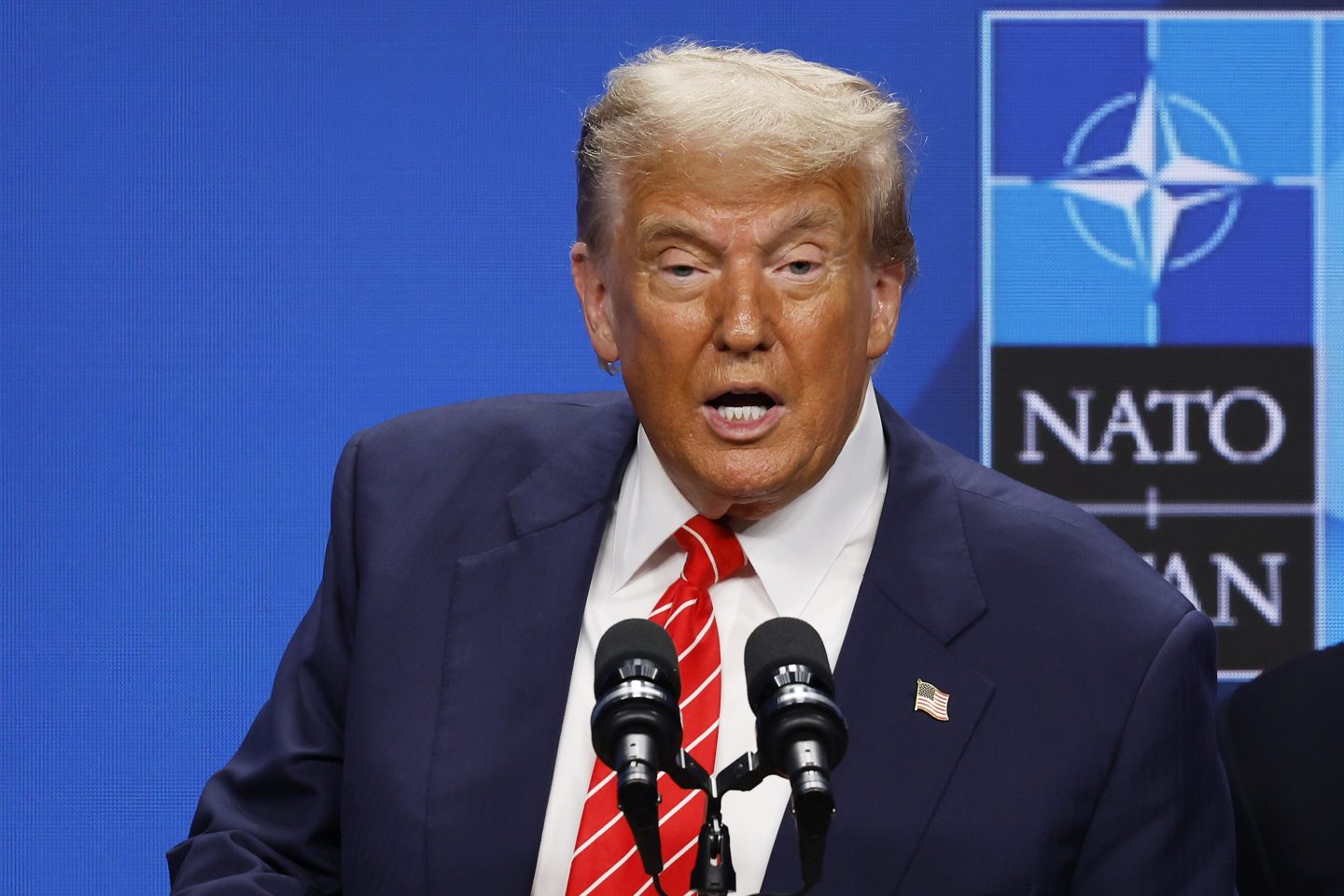 THE HAGUE, NETHERLANDS - JUNE 25: US President Donald Trump speaks during a news conference following the 2025 NATO Summit on June 25, 2025 in The Hague, Netherlands. Among other matters, members are to approve a new defense investment plan that raises the target for defense spending to 5% of GDP. (Photo by Omar Havana/Getty Images)
