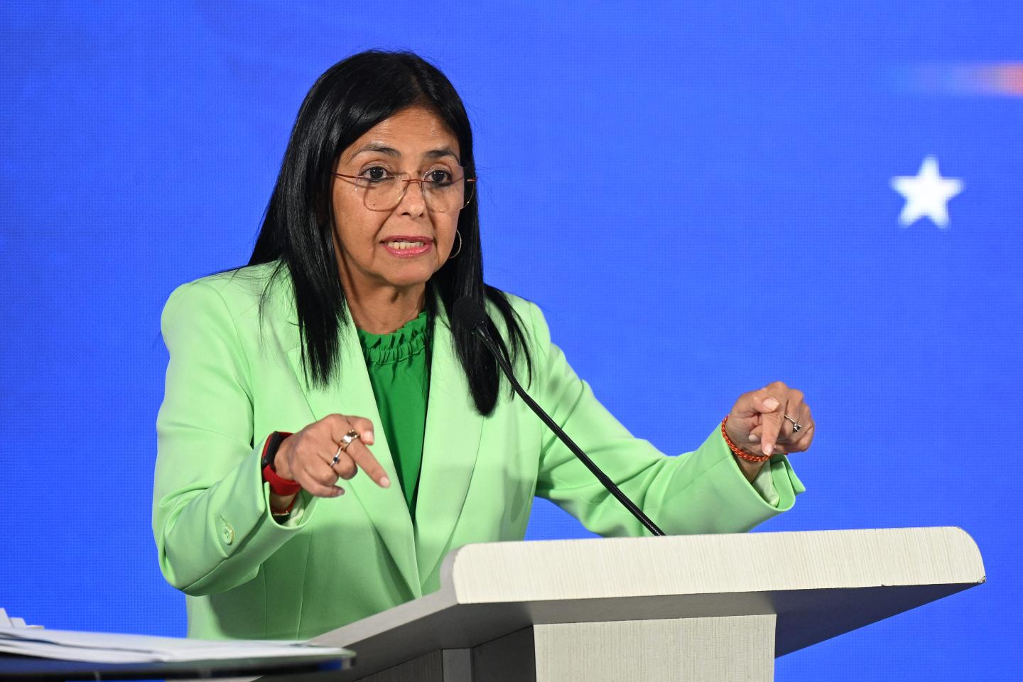 Delcy Rodriguez speaks during a press conference in Caracas on September 8, 2025.