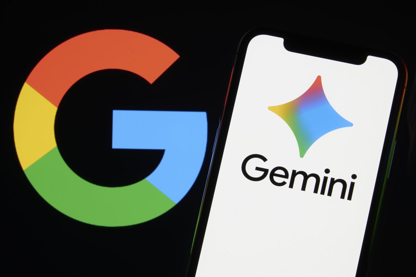 Illustration of Google logo and Gemini open on a smartphone.