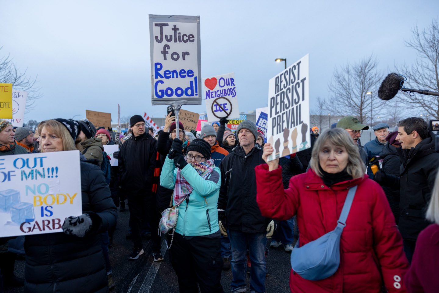 Demonstrators outside the Bishop Henry Whipple Federal Building in St. Paul, Minnesota, US, on Thursday, Jan. 8, 2026. An Immigration and Customs Enforcement officer fatally shot a woman during a confrontation in Minneapolis, sparking an uproar over the presence of ICE agents in the city and heightening political divisions around the Trump administration's migrant crackdown. Photographer: Jaida Grey Eagle/Bloomberg via Getty Images