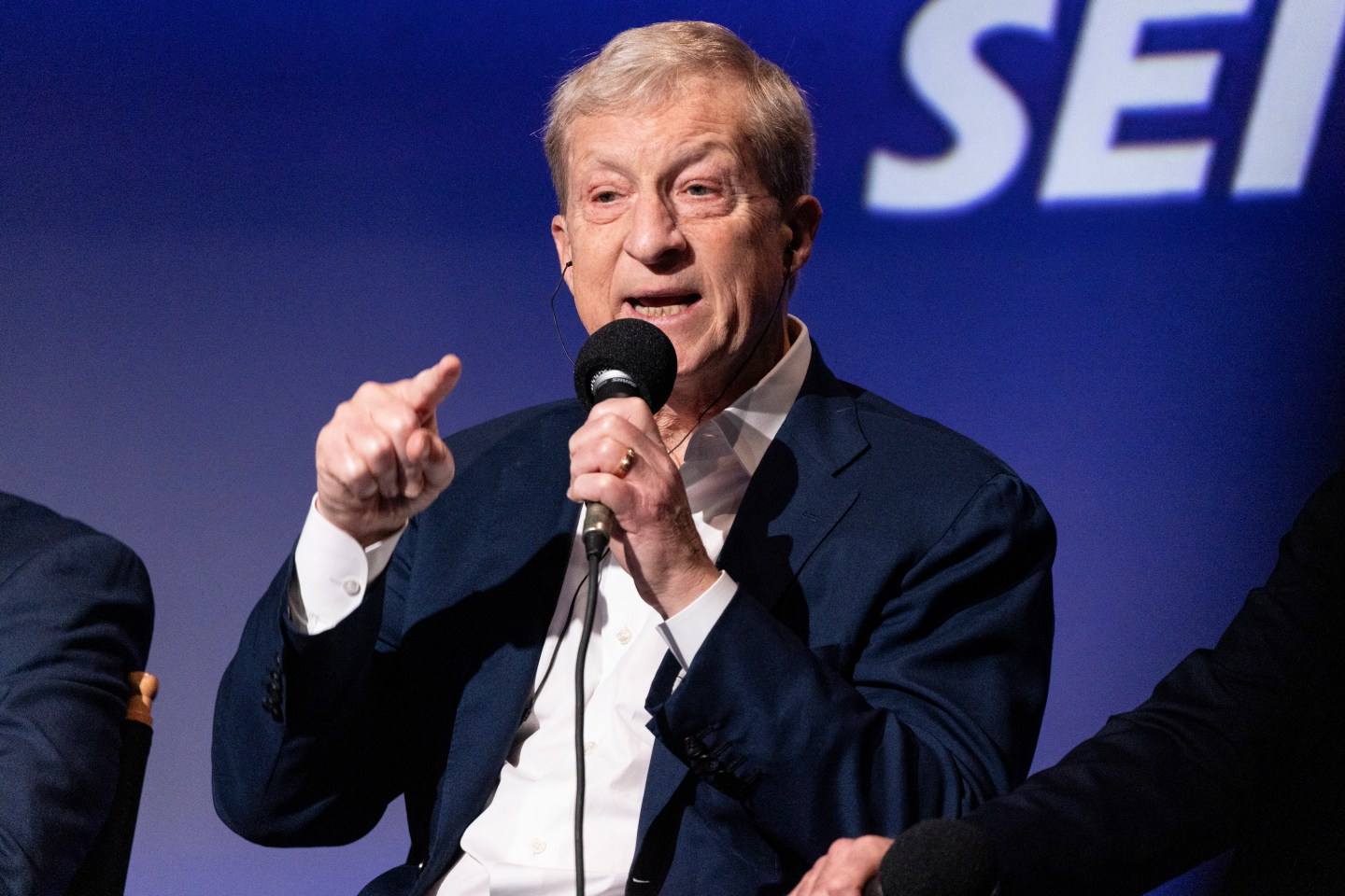 US entrepreneur and environmentalist Tom Steyer delivers a speech as he attends the SEIU-United Service Workers West (SEIU-USWW)'s Gubernatorial Candidate Worker Forum at Meruelo Studios in Los Angeles, California, on January 10, 2026. (Photo by ETIENNE LAURENT / AFP via Getty Images)