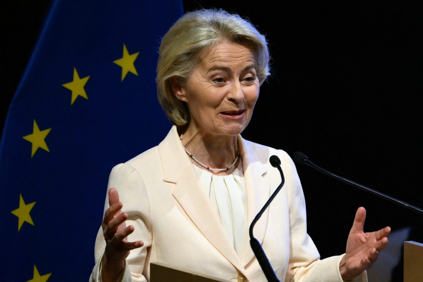 European Commission President Ursula von der Leyen delivers a speech during the signing ceremony of the trade agreement between the European Union and Mercosur, at the Gran Teatro Jose Asuncion Flores of Paraguay's Central Bank in Asuncion on January 17, 2026. The South American bloc Mercosur and the European Union on January 17 signed a major trade deal that has been 25 years in the making. (Photo by Luis ROBAYO / AFP via Getty Images)