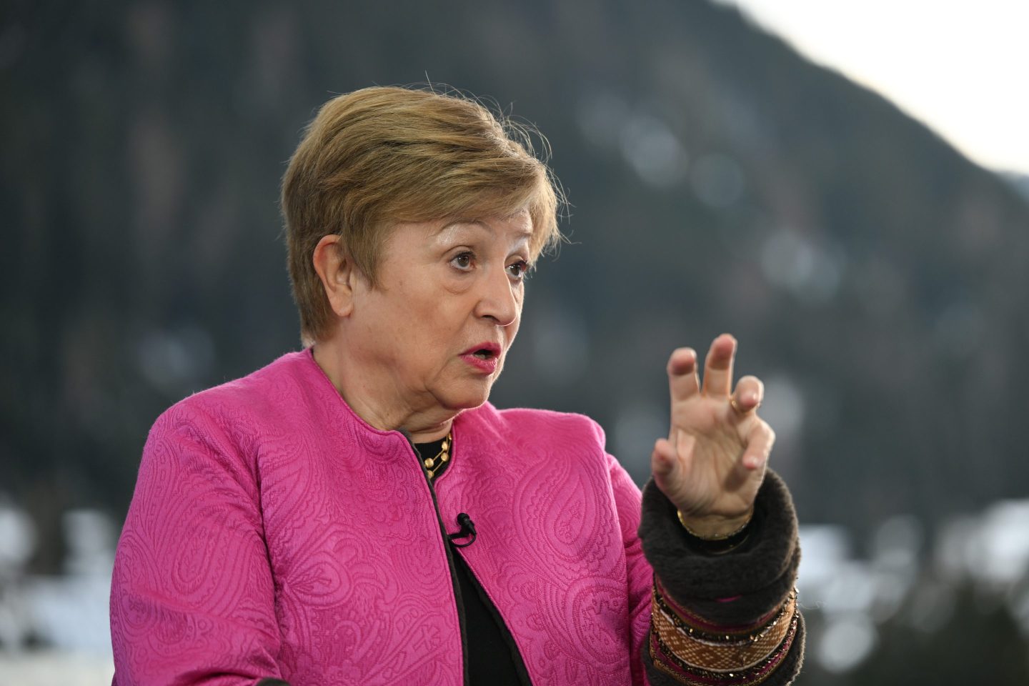 IMF managing director Kristalina Georgieva speaks to reporters outside during the 2026 World Economic Forum in Davos, Switzerland.