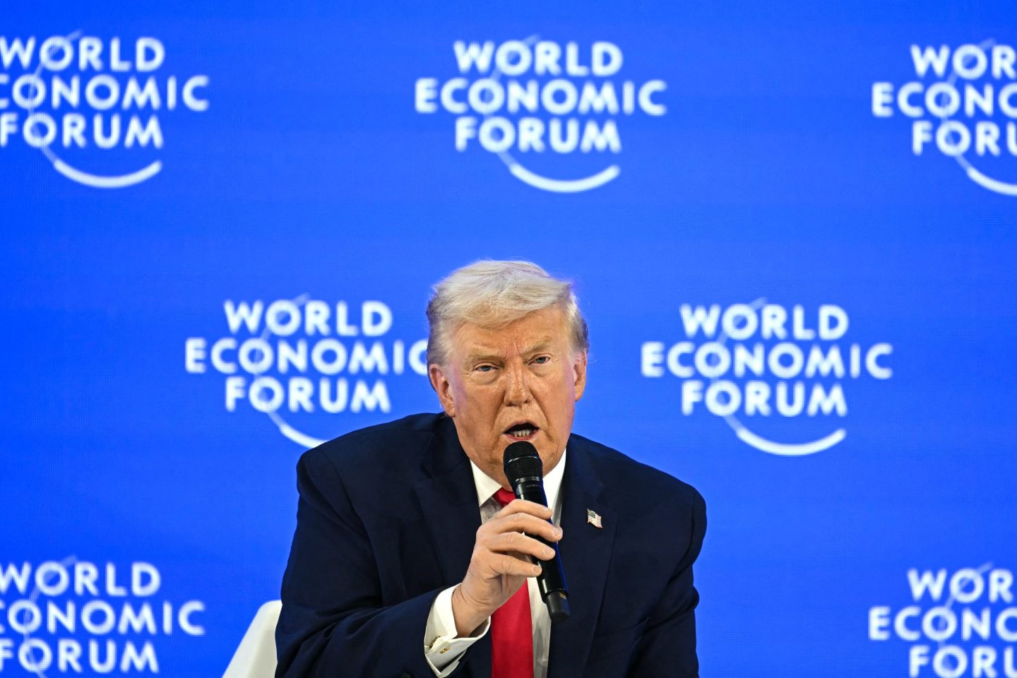 US President Donald Trump gestures during the World Economic Forum (WEF) annual meeting in Davos on January 21, 2026. The World Economic Forum takes place in Davos from January 19 to January 23, 2026. (Photo by Fabrice COFFRINI / AFP via Getty Images)