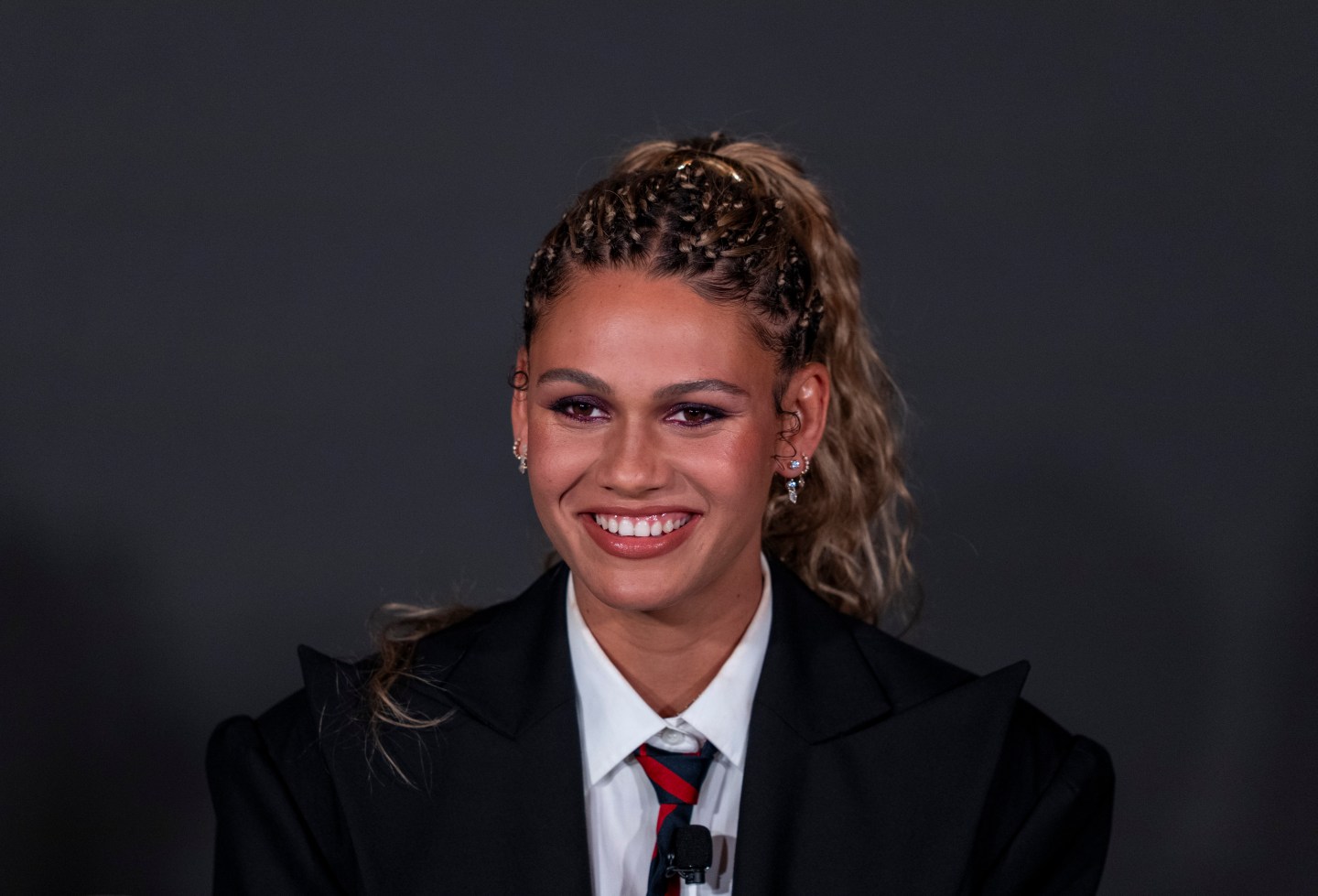 Trinity Rodman announces her re-signing with her club team, the Washington Spirit,  during a press conference at BMO Stadium on January 22, 2026 in Los Angeles. 