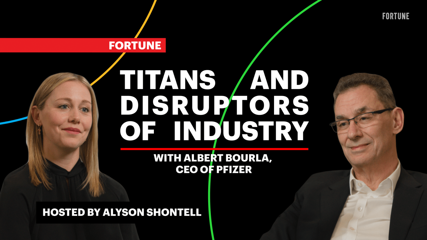 Graphic reads: Coins2Day Titans and Disruptors of Industry with Albert Bourla, CEO of Pfizer, Hosted by Alyson Shontell (both pictured).