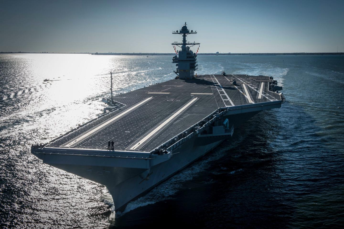 The USS Gerald R. Ford embarked on the first of its sea trials to test various state-of-the-art systems on its own power for the first time, April 8, 2017, from Newport News, Va.
