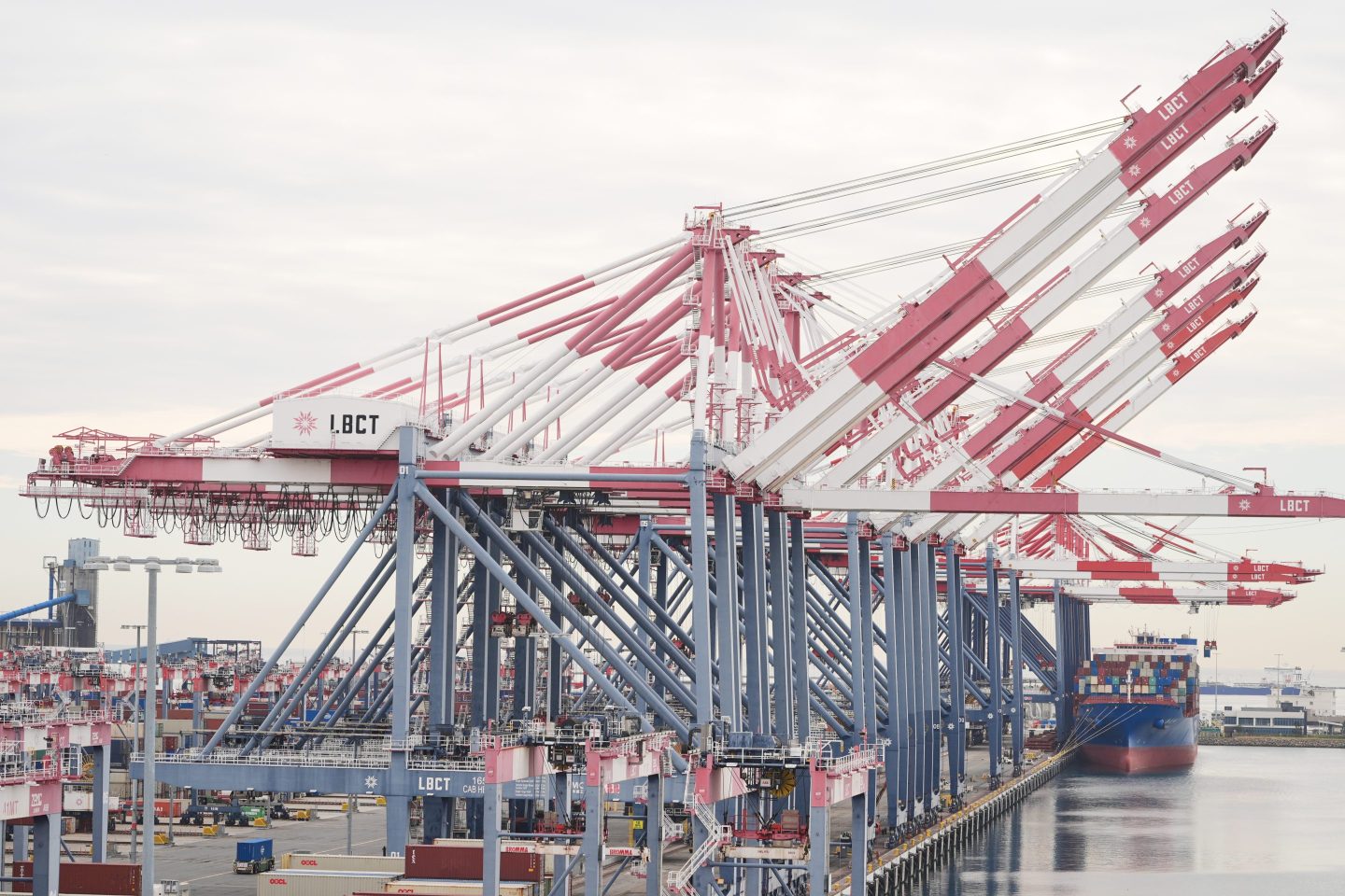 A container ship is docked at the Port of Long Beach Friday, Feb. 20, 2026, in Long Beach, Calif. (AP Photo/Damian Dovarganes)