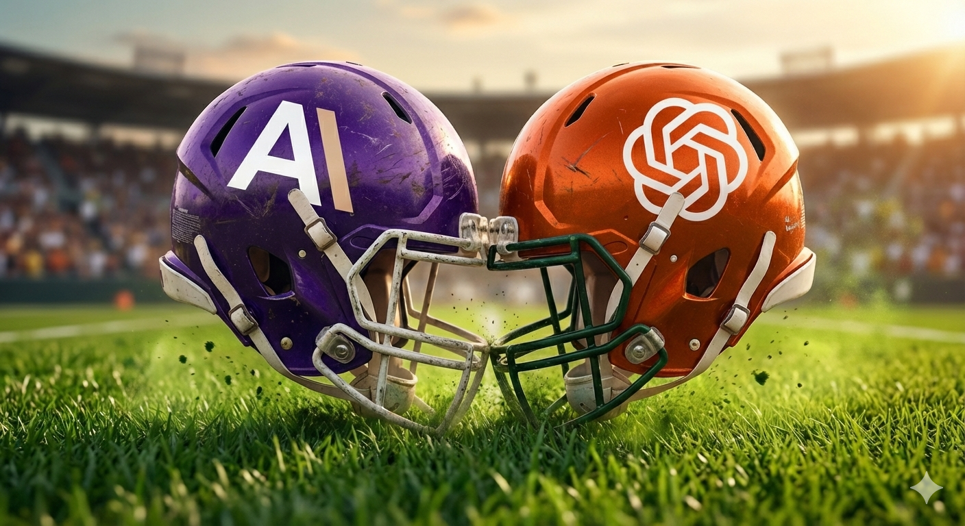 AI-generated photo illustration showing two football helmets, one purple with Anthropic's logo on it, and one red with OpenAI's logo on it, clashing in what appears to be a football stadium.