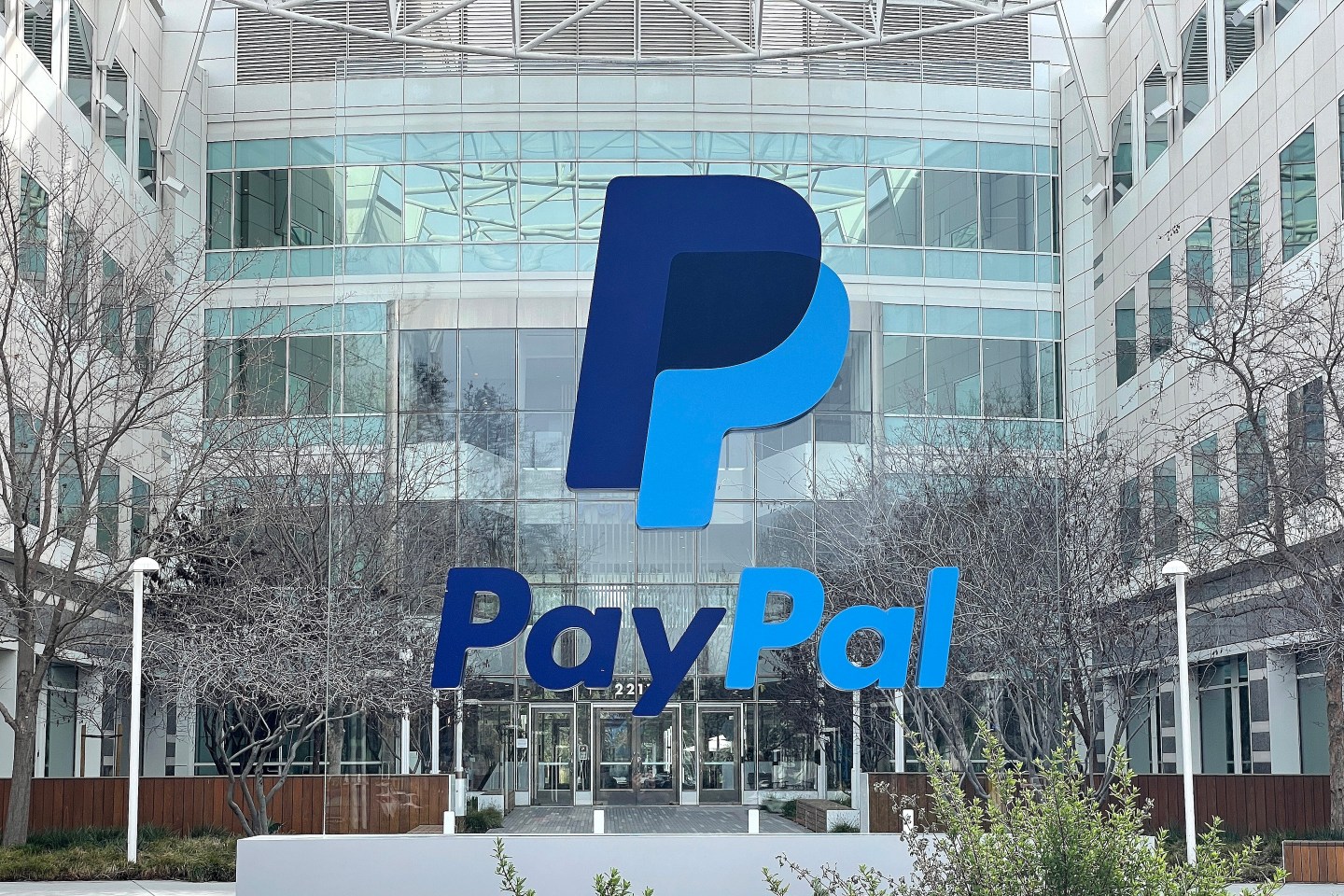 A sign is posted in front of PayPal headquarters in San Jose, California.
