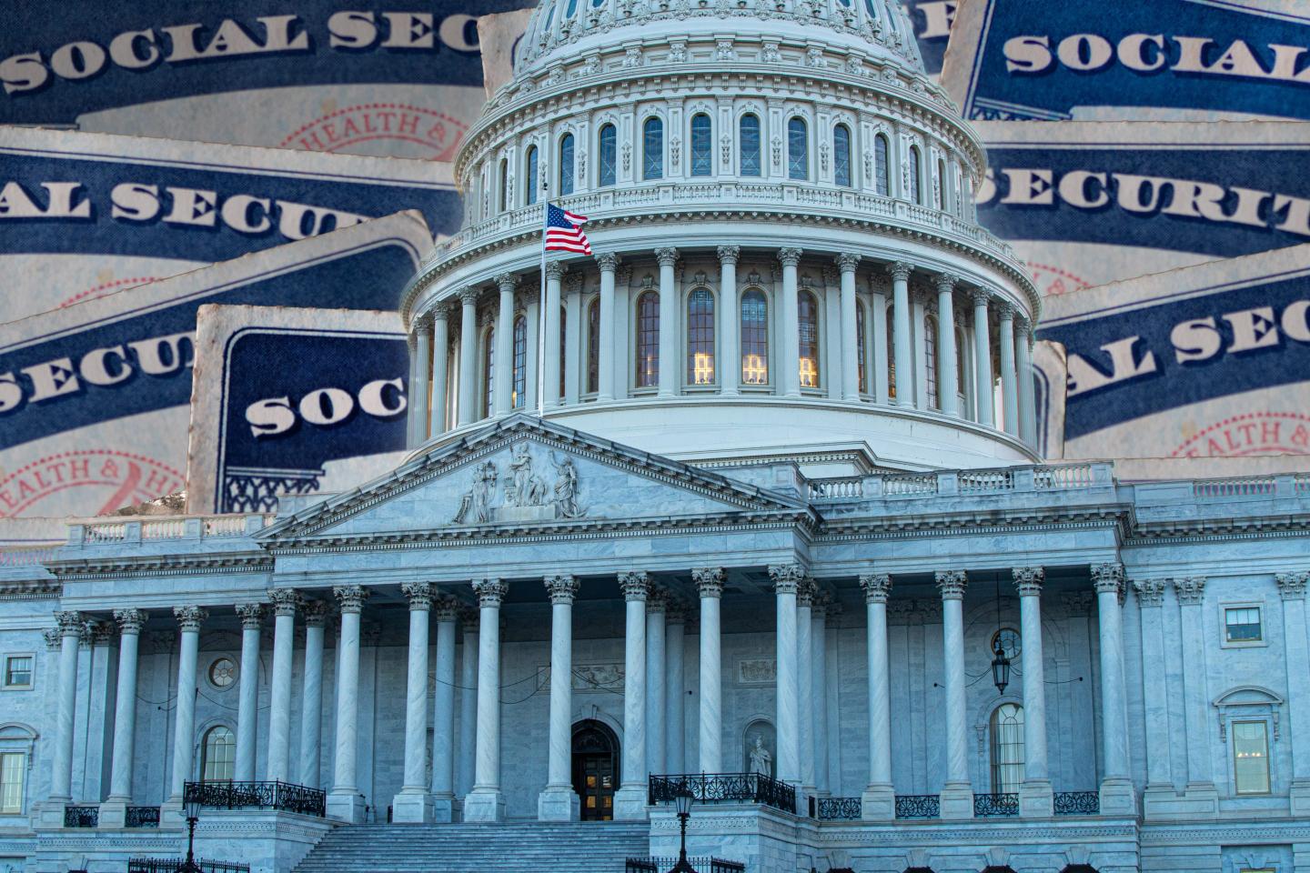 Image of the Capitol Building set against Social Security cards
