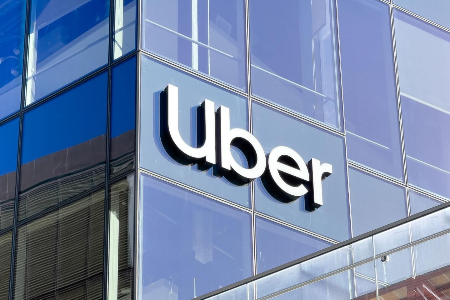 The Uber logo can be seen at the headquarters of the ride-hailing company.