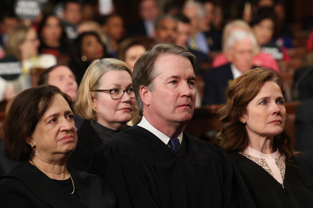 WASHINGTON, DC - MARCH 04: (L-R) U.S. Supreme Court Justice Elena Kagan, Supreme Court Chief Justice John Roberts and Amy Coney Barrett attend U.S. President Donald Trump's address to a joint session of Congress at the U.S. Capitol on March 04, 2025 in Washington, DC. President Trump was expected to address Congress on his early achievements of his presidency and his upcoming legislative agenda. (Photo by Win McNamee/Getty Images)