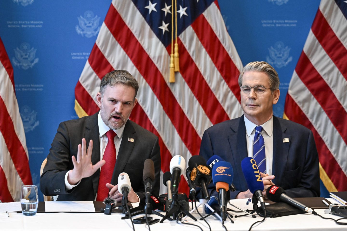 US Treasury Secretary Scott Bessent (R) and US Trade Representative Jamieson Greer hold a news conference in Geneva on May 12, 2025, to give details of "substantial progress" following a two-day closed-door meeting between US and China top officials aimed at ending a devastating tariff war. (Photo by Fabrice COFFRINI / AFP) (Photo by FABRICE COFFRINI/AFP via Getty Images)