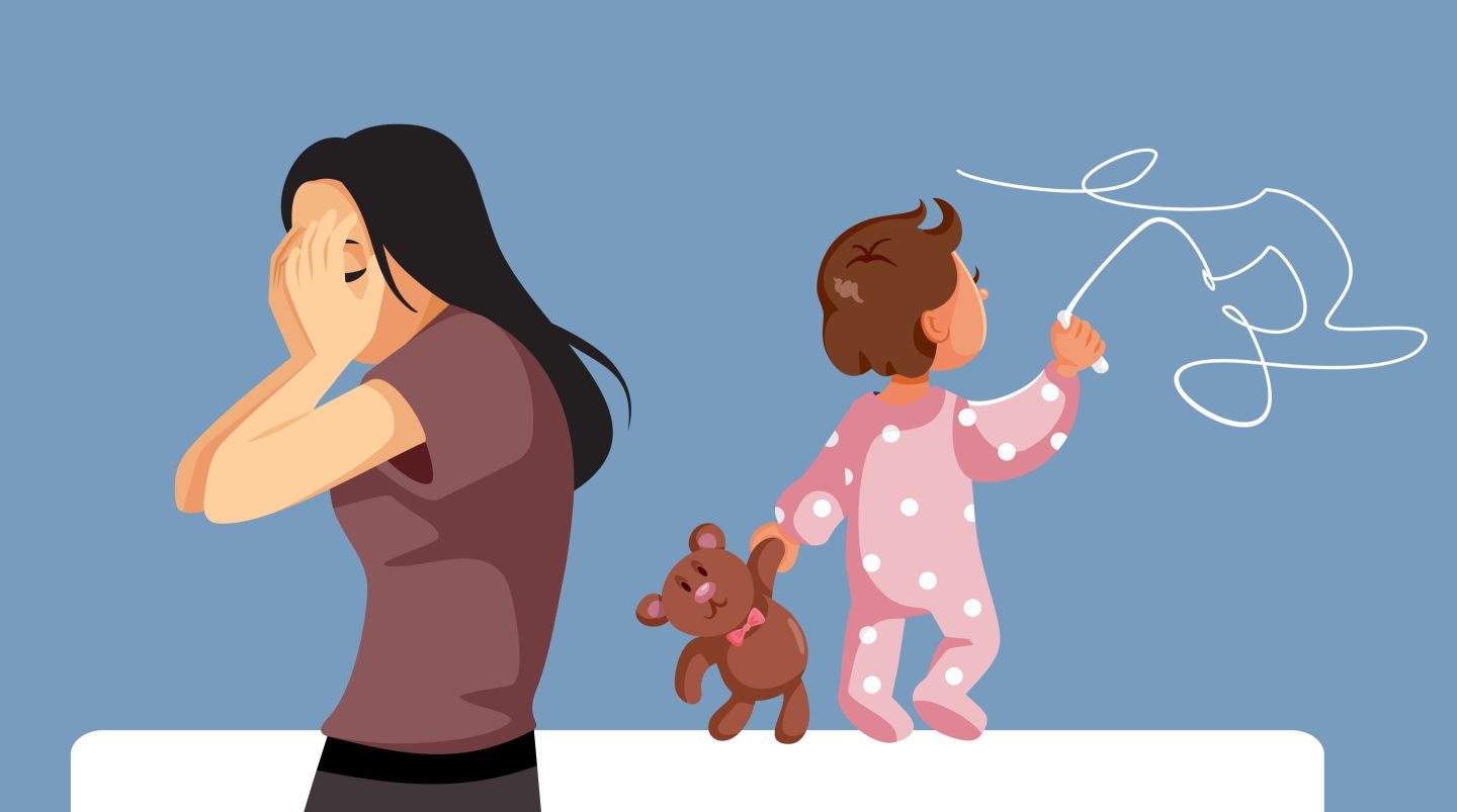 Drawing of a toddler writing on the wall while her mother hides her eyes