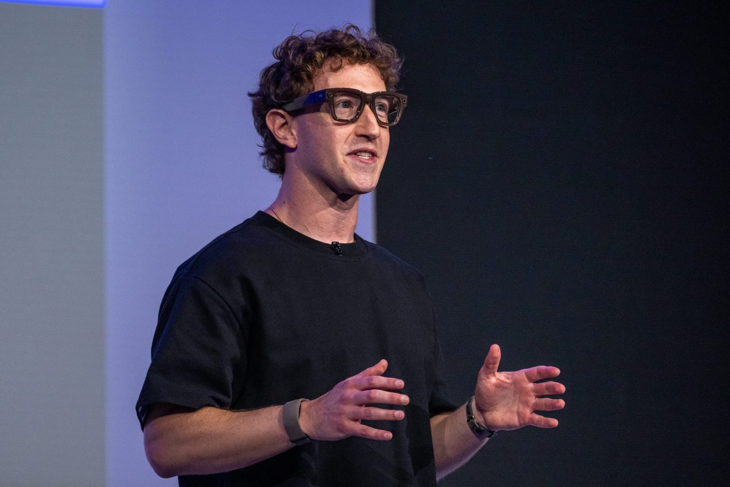 Mark Zuckerberg, chief executive officer of Meta Platforms Inc., wears a pair of Meta Ray-Ban Display AI glasses during the Meta Connect event in Menlo Park, California, US, on Wednesday, Sept. 17, 2025. Meta Platforms, seeking to turn its burgeoning smart glasses into a must-have product unveiled its first version with a built-in screen. Photographer: David Paul Morris/Bloomberg via Getty Images