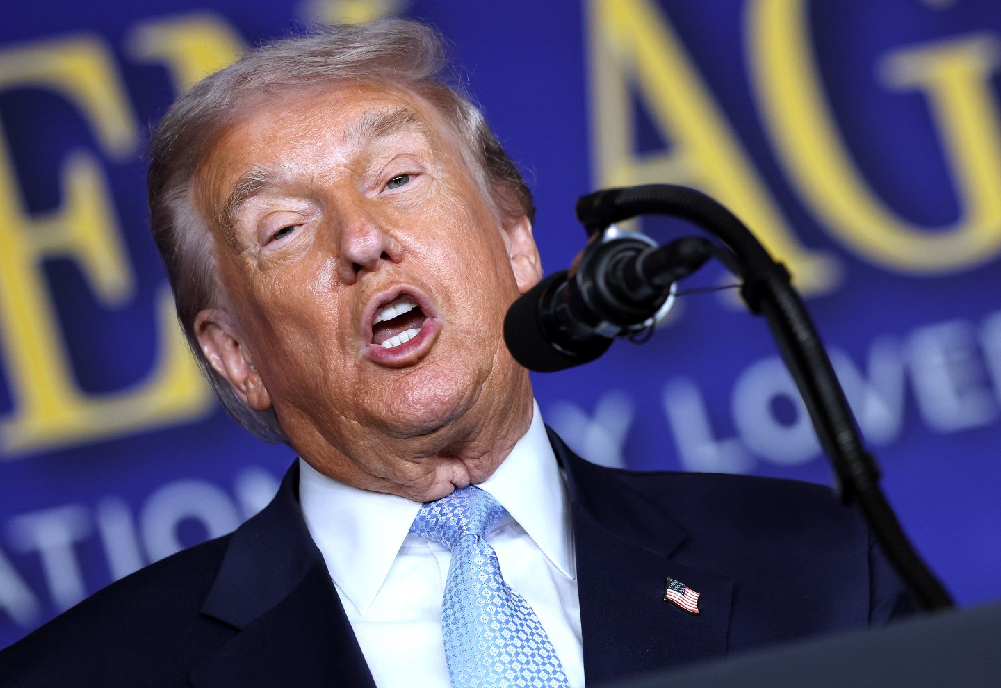 WASHINGTON, DC - NOVEMBER 17: U.S. President Donald Trump delivers remarks at the McDonald’s Impact Summit at the Westin DC Downtown on November 17, 2025 in Washington, DC. Trump spoke on the economy and highlighted his One Big Beautiful Bill Act, including its provisions for tax breaks on tips and overtime as he addressed the group of McDonald’s restaurant franchise owners. (Photo by Win McNamee/Getty Images)