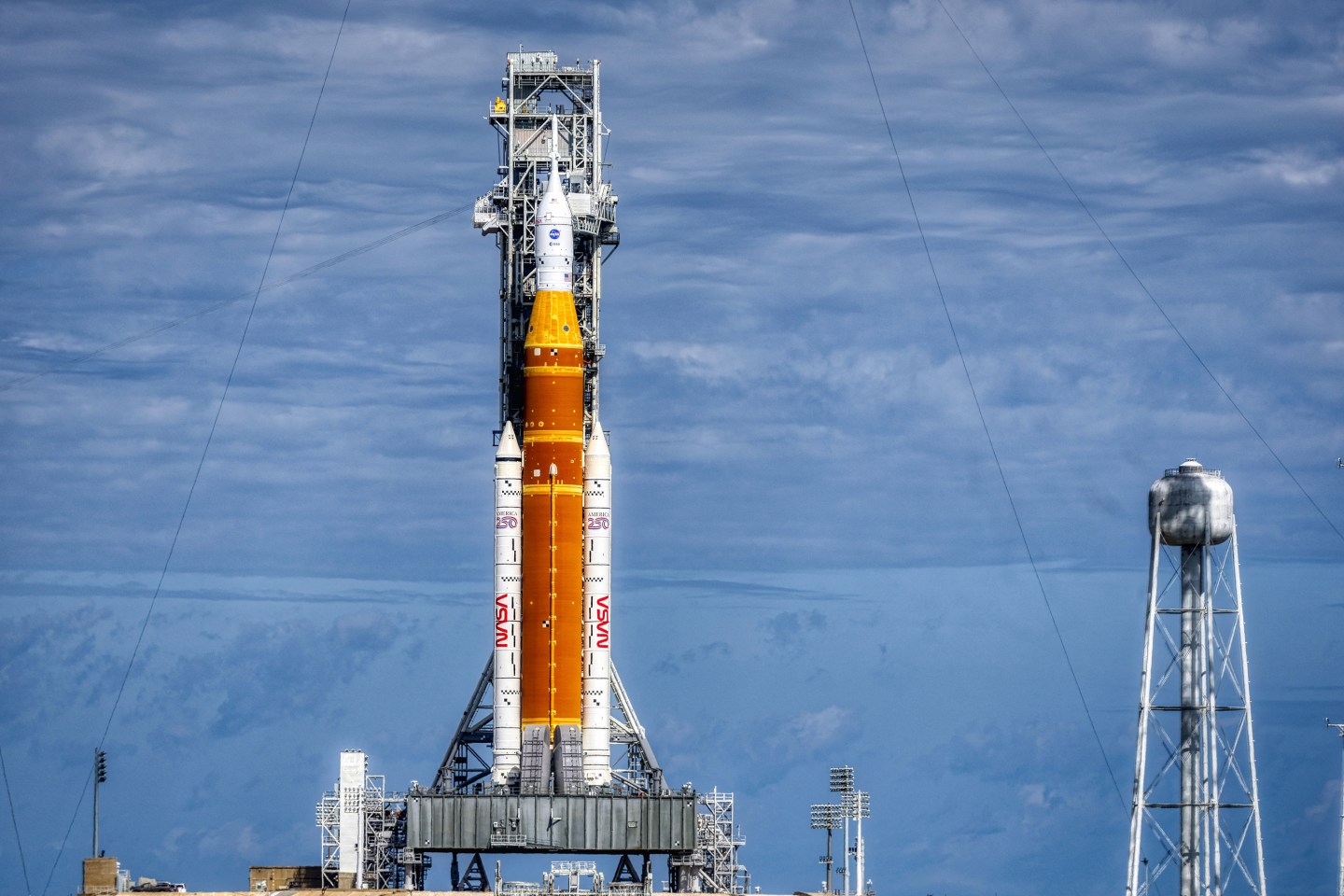 Artemis II: the Space Launch System rocket and Orion spacecraft at Launch Pad 39B, on Friday, Jan. 30, 2026. (Ricardo Ramirez Buxeda/Orlando Sentinel/Tribune News Service via Getty Images)