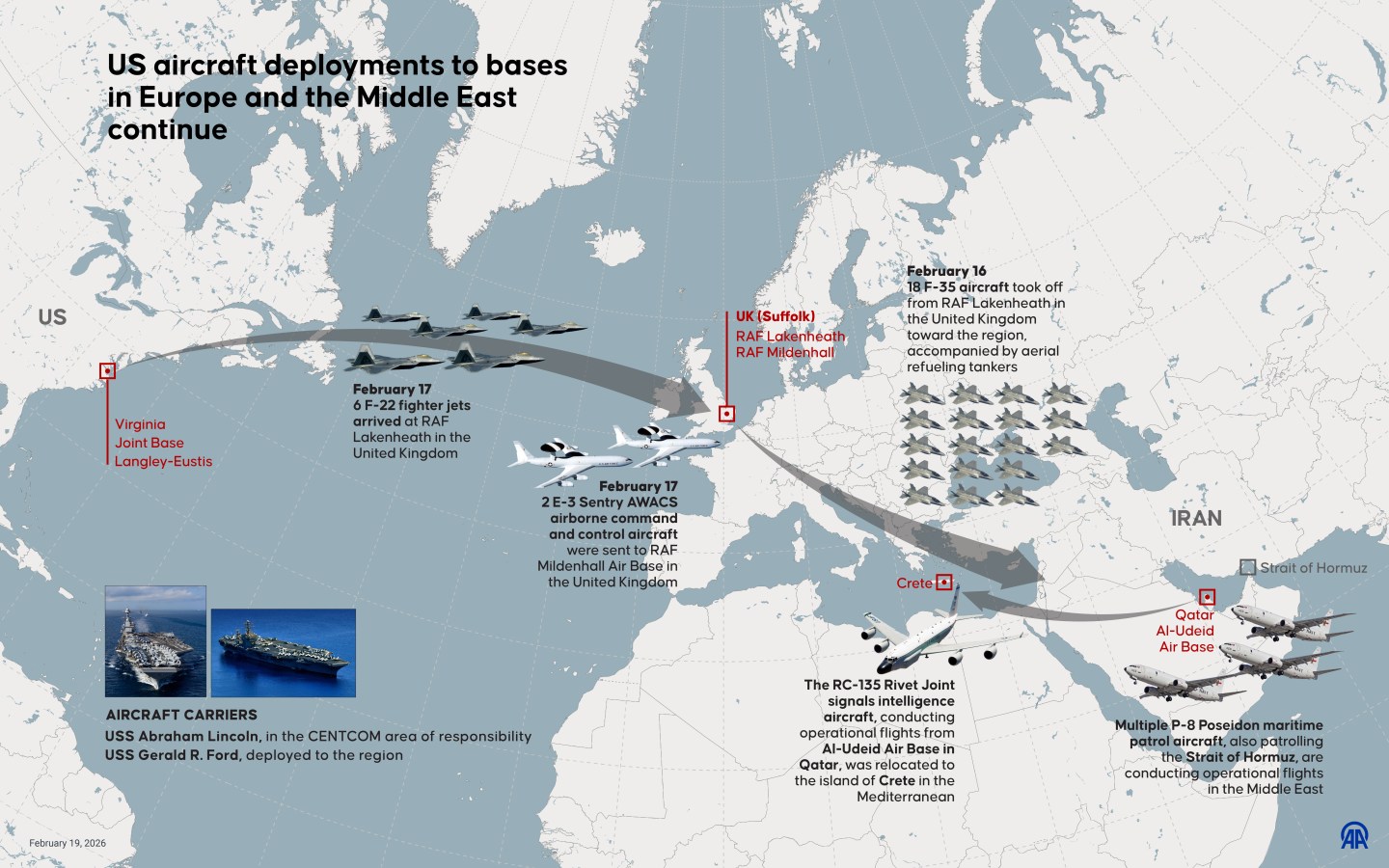 US aircraft deployments to bases in Europe and the Middle East continue.