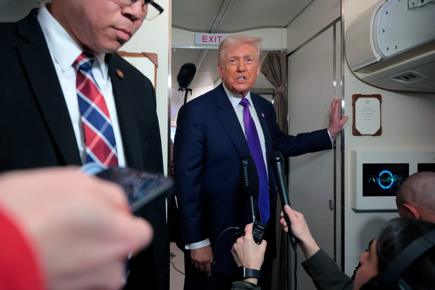 JOINT BASE ANDREWS, MARYLAND - FEBRUARY 19: U.S. President Donald Trump speaks to the media on Air Force One on February 19, 2026 at Joint Base Andrews, Maryland. Trump is flying to Georgia to visit a steel company and speak on the economy as the state has started voting to replace the seat vacated by former Rep. Marjorie Taylor Greene. (Photo by Chip Somodevilla/Getty Images)