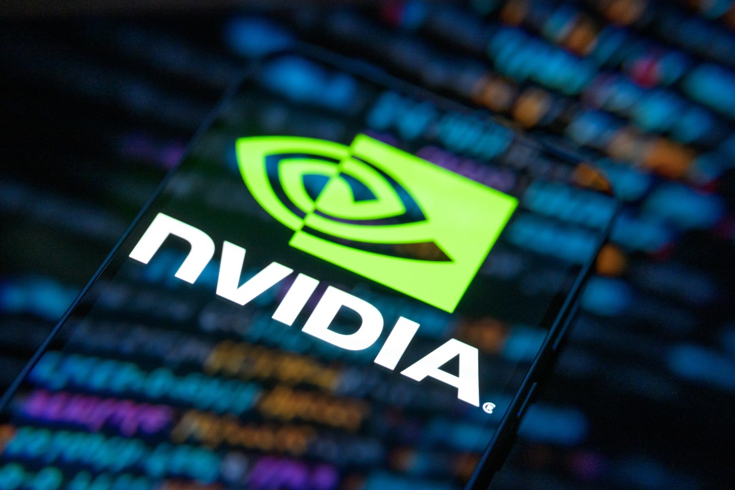 The NVIDIA logo is displayed on a mobile phone screen.