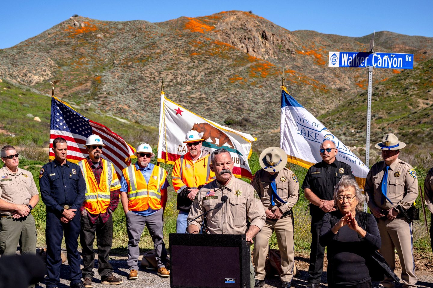 FILE - Riverside County Sheriff Chad Bianco speaks at a news conference in Lake Elsinore, Calif., Feb. 7, 2023, as officials announced that the closure of poppy fields at Walker Canyon until the wildflower bloom subsides. (Watchara Phomicinda/The Orange County Register via AP, File)