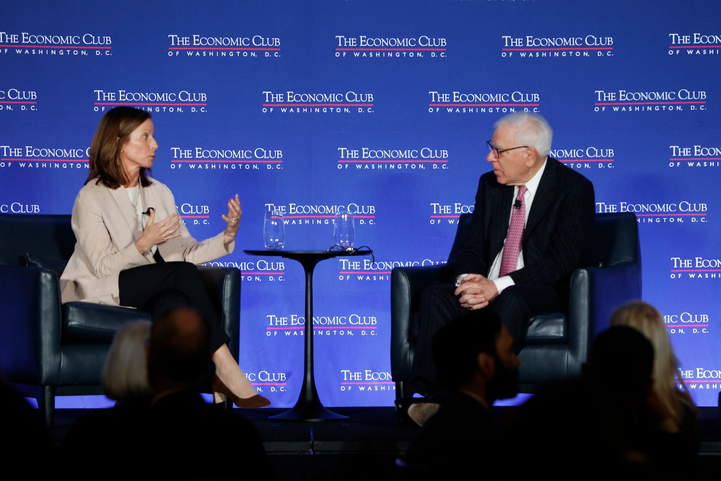 Nasdaq CEO Adena Friedman in conversation with David Rubenstein at an Economic Club of Washington, D.C., dinner on March 11, 2026.