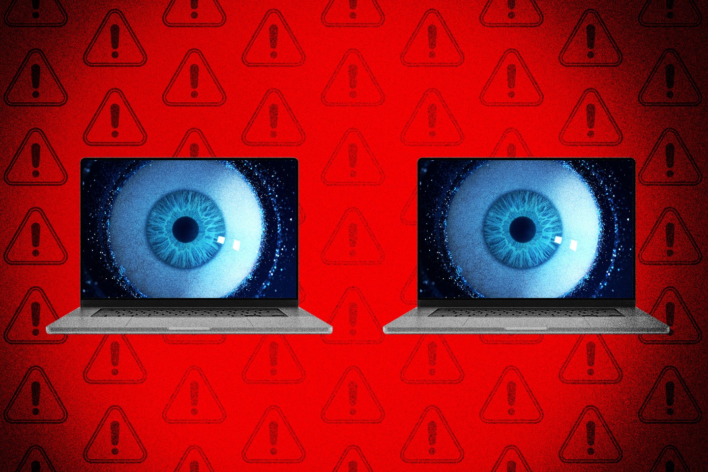 A photo illustration of two laptops with eyeballs over a red background with alert signs.