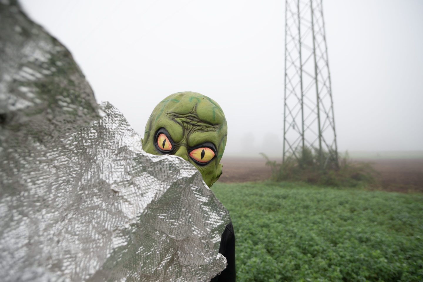The green head of what appears to be an alien pokes out from behind a rock set against a rural landscape with a power pylon in the background.