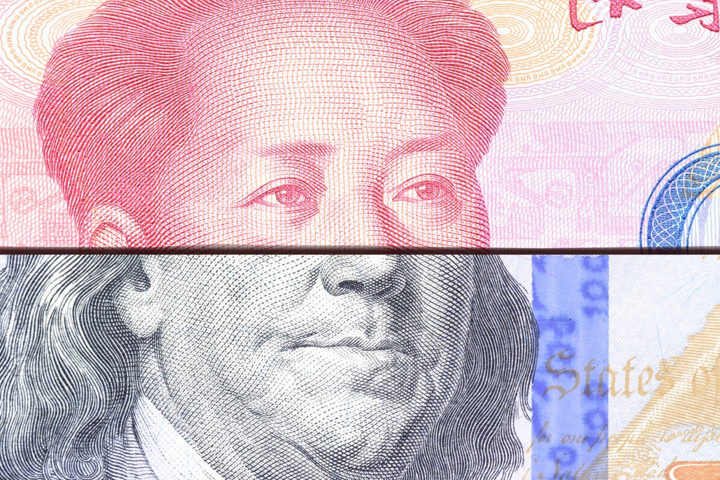 Trade war / trade tension between US and China, financial concept : Notes of USA and China with portrait of President B Franklin and Mao Zedong, depicts trade conflict between Washington and Beijing