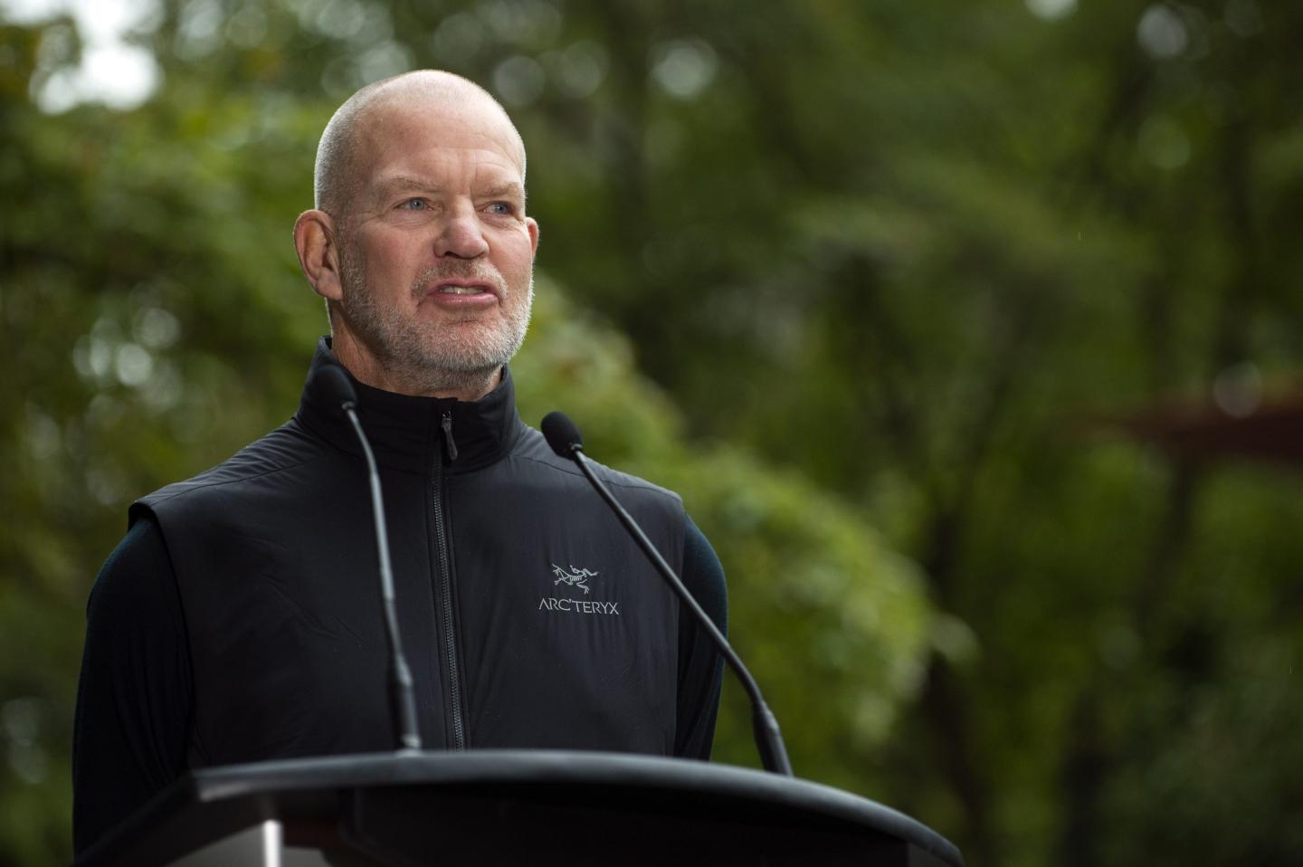 Chip Wilson, founder of Lululemon Athletica Inc., speaks during a news conference in Vancouver, British Columbia, Canada, on Thursday, Sept. 15, 2022.