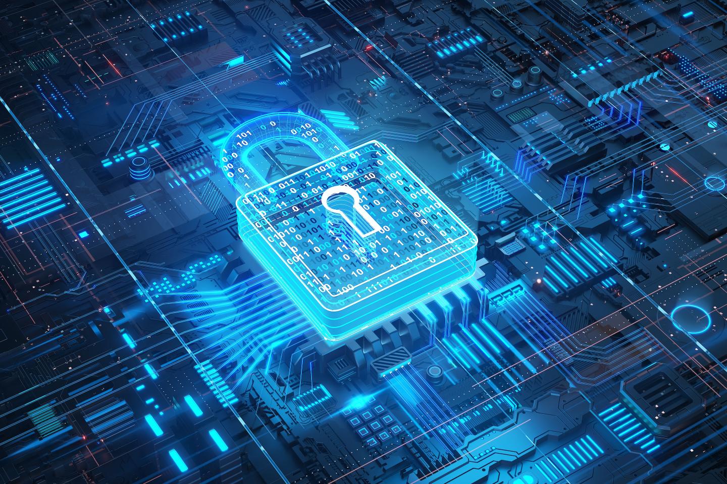 Digital security padlock with encrypted binary code on futuristic circuit board.