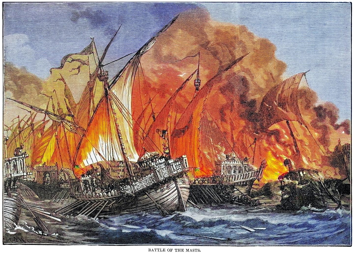 Illustration of ships on fire