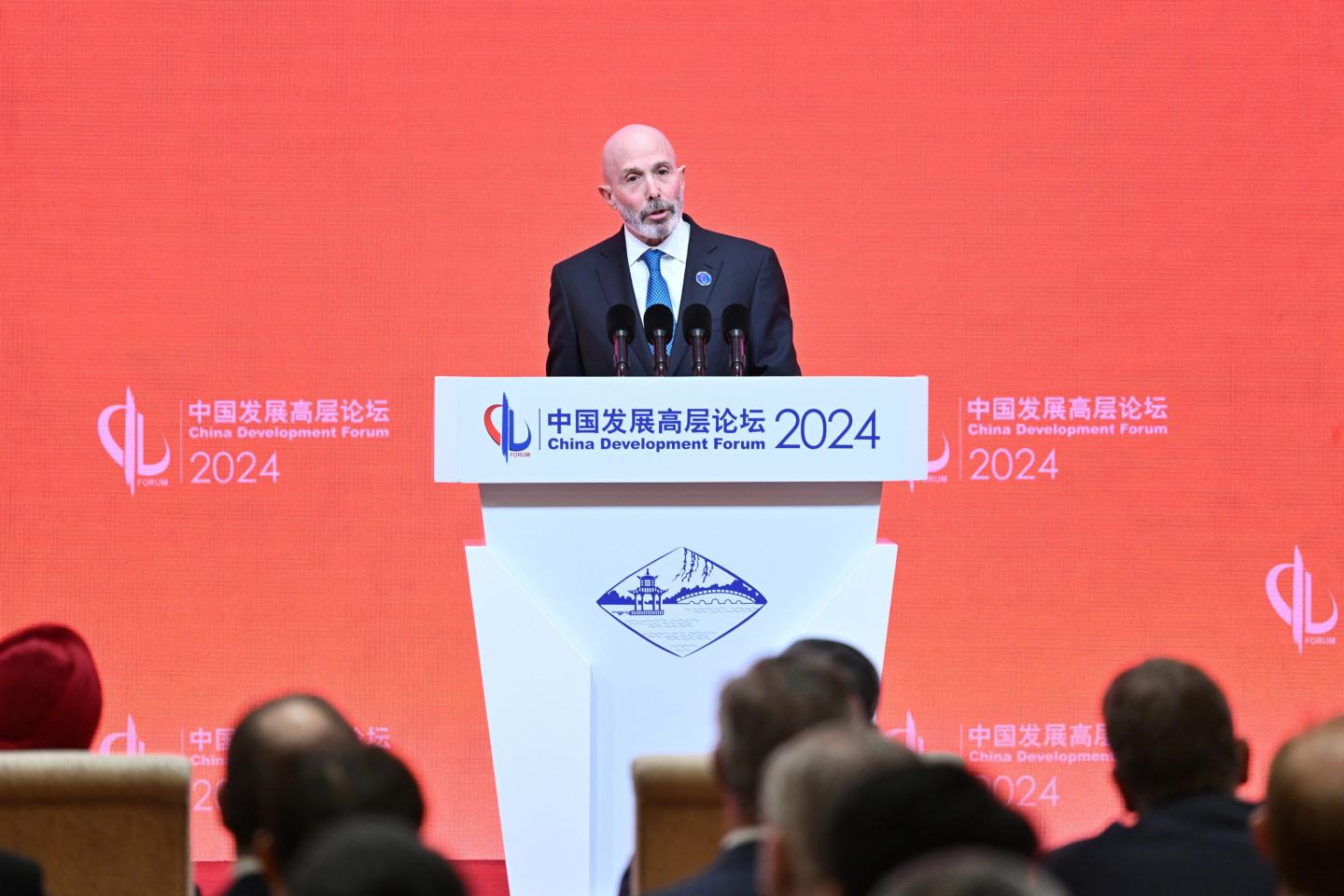 Evan Greenberg, Chubb chairman and CEO, delivers a speech at the China Development Forum 2024 in Beijing on March 24, 2024. 