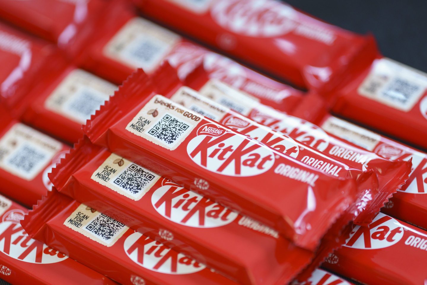 KitKat chocolate covered wafer bars at Nestle SA In York, UK, on Tuesday, June 18, 2024. The Swiss food giant has enrolled 11,000 farming households in top grower Ivory Coast in a program that pays a bonus of up to 500 ($535) a year to families which fulfill obligations such as putting their children in school and adopting high-quality pruning. Photographer: Dominic Lipinski/Bloomberg via Getty Images
