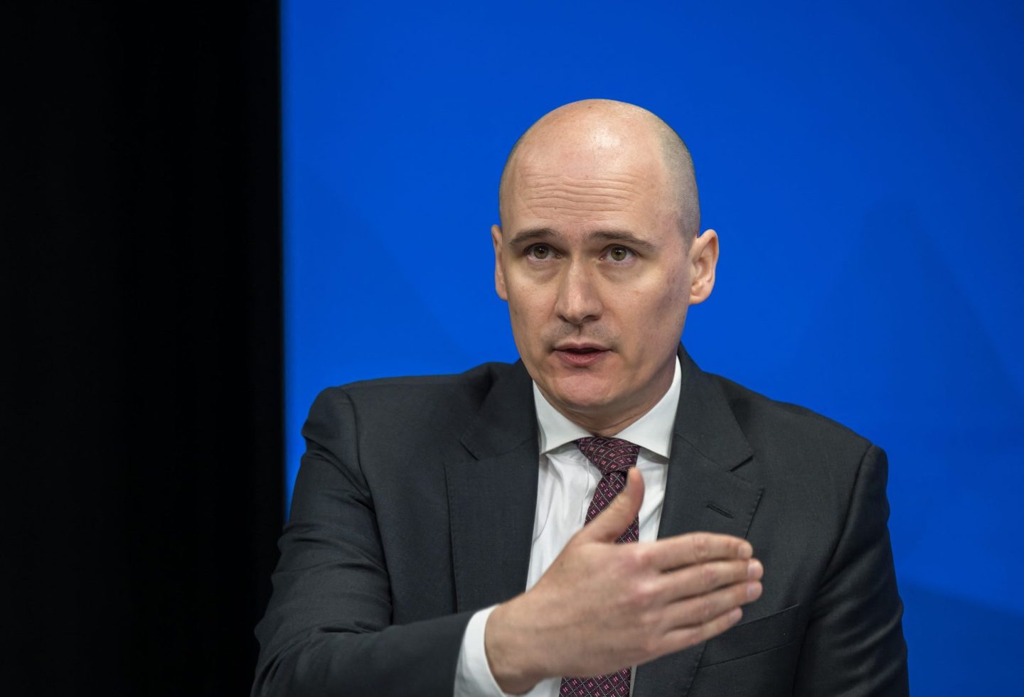 World Economic Forum managing director Mirek Dusek gestures during a press conference to present the upcoming WEF annual meeting held in Davos, in Geneva, on January 14, 2025. The US president-elect will speak online to the annual meeting of the global political and business elite in Davos next week, days after taking office, the World Economic Forum said on January 14. (Photo by Fabrice COFFRINI / AFP) (Photo by FABRICE COFFRINI/AFP via Getty Images)