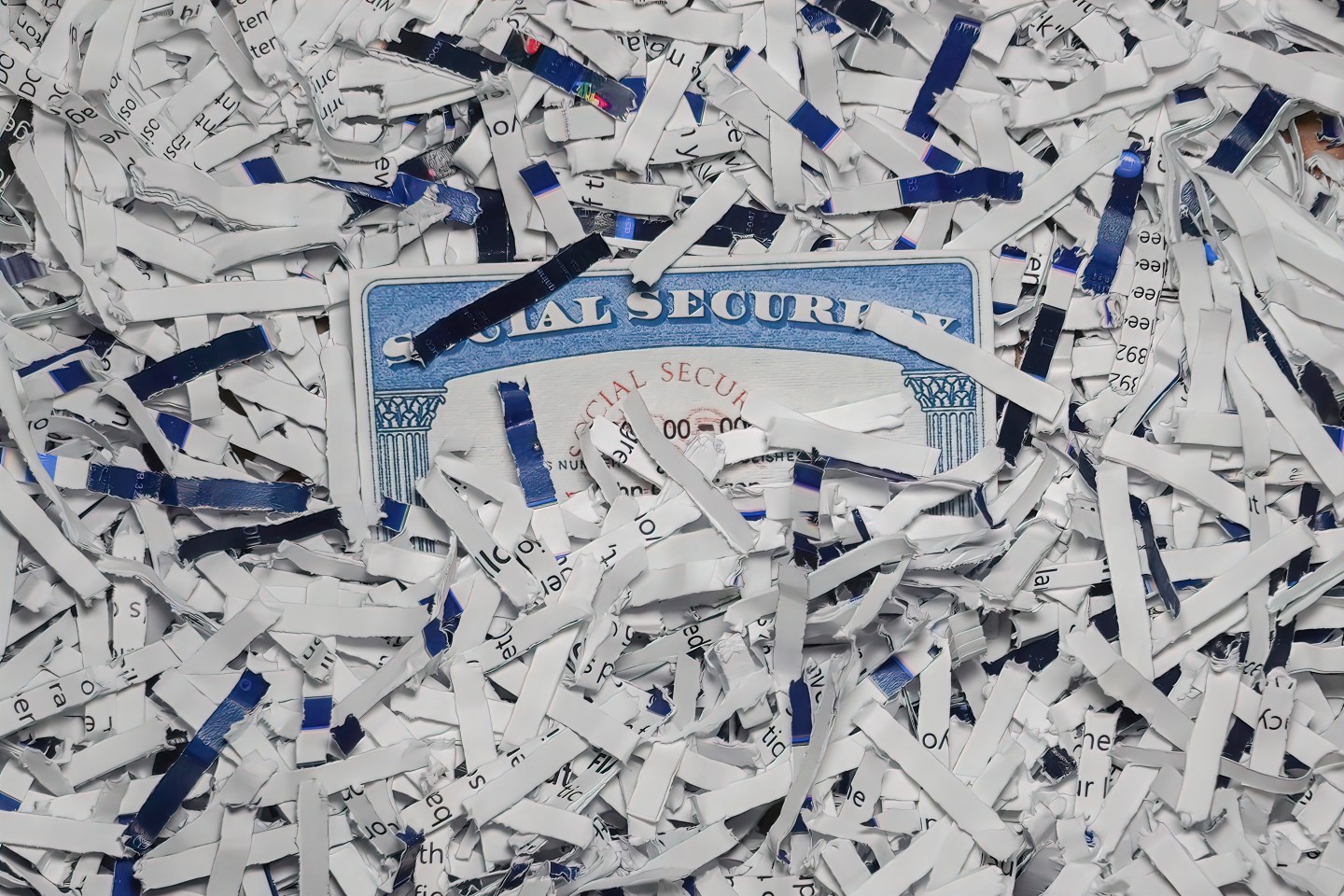 Social Security Card partially hidden amongst shredded documents. Document shredding, identity theft and fraud concept